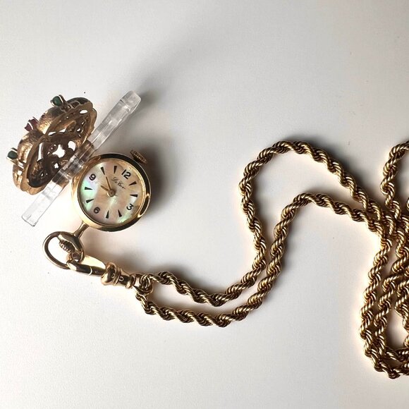 VTG 14KGold Pendant Watch with Floral Motif encrusted Rubies, Emeralds & Diamond - Picture 5 of 13